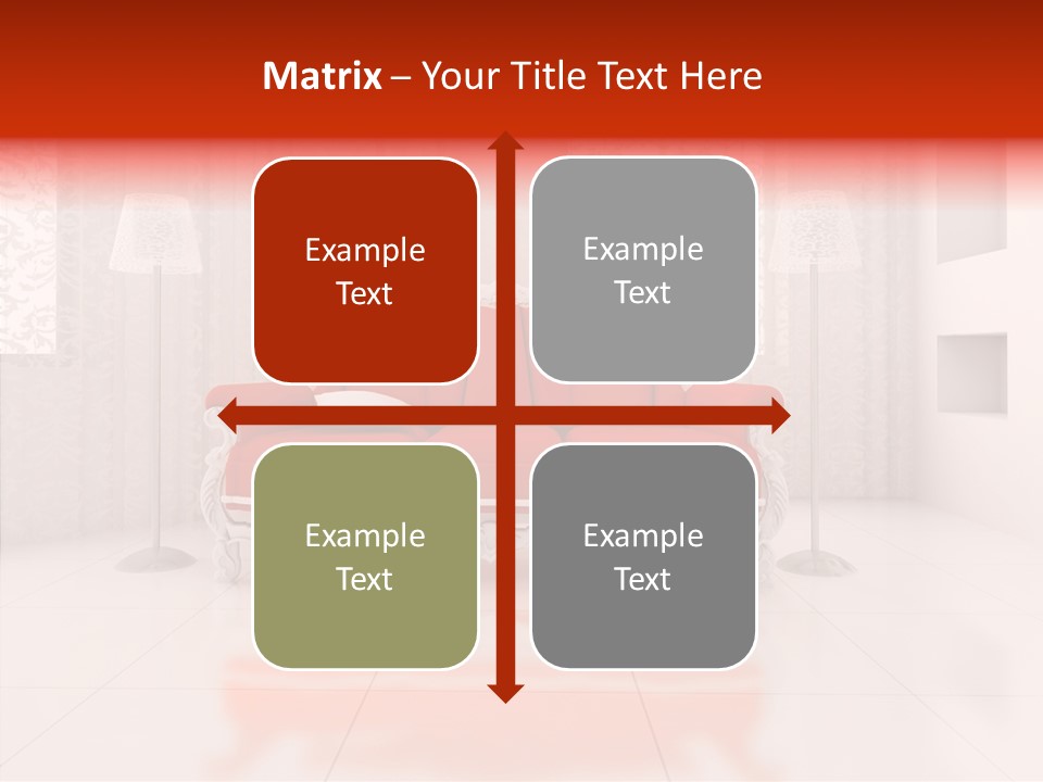 A Living Room With A Red Couch And White Walls PowerPoint Template