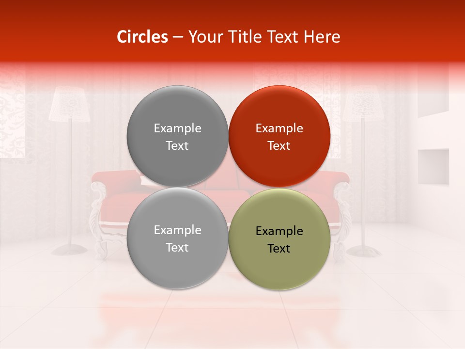 A Living Room With A Red Couch And White Walls PowerPoint Template