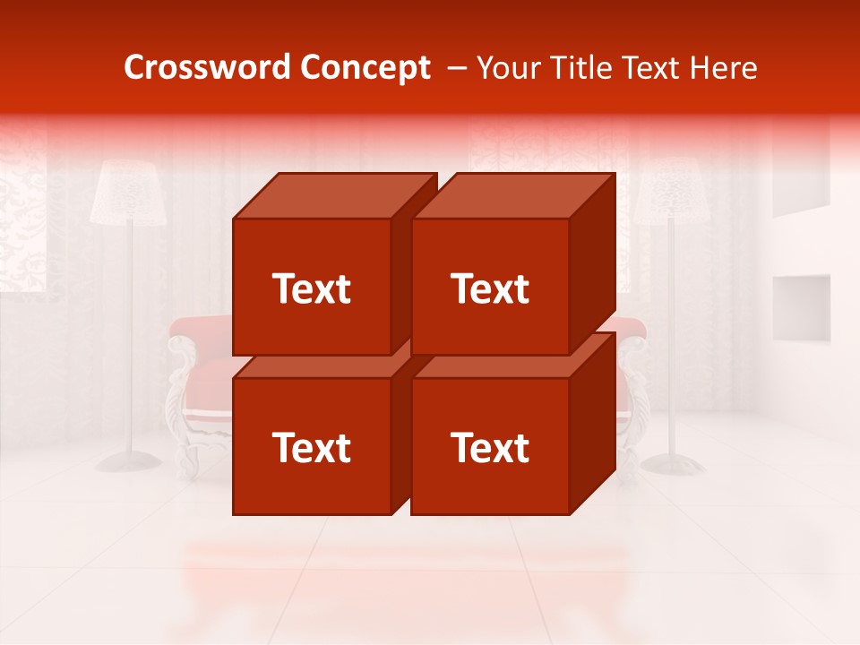 A Living Room With A Red Couch And White Walls PowerPoint Template