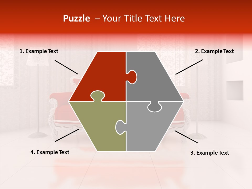 A Living Room With A Red Couch And White Walls PowerPoint Template