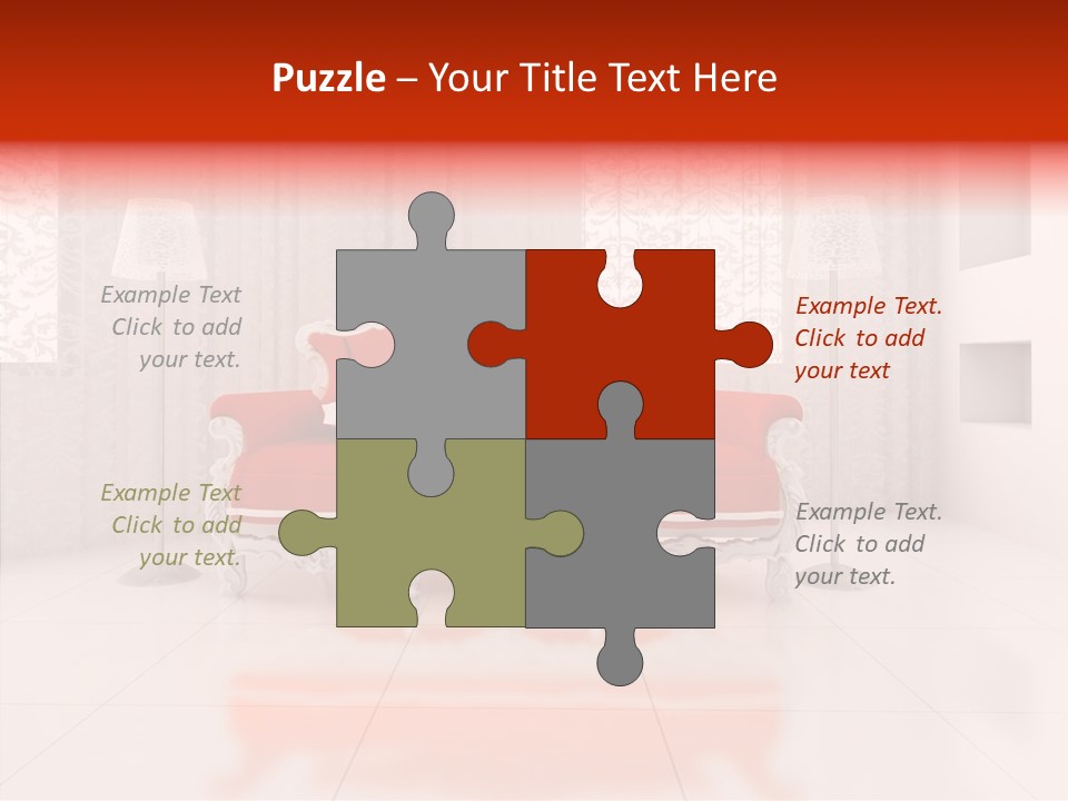 A Living Room With A Red Couch And White Walls PowerPoint Template