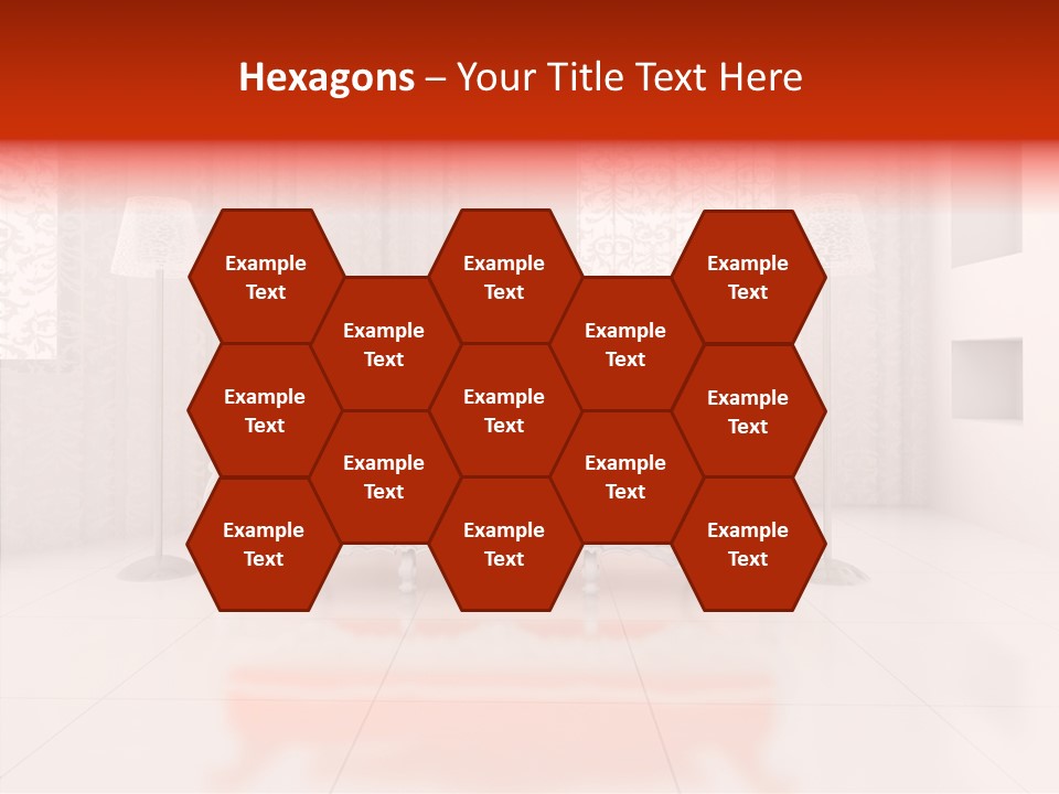 A Living Room With A Red Couch And White Walls PowerPoint Template