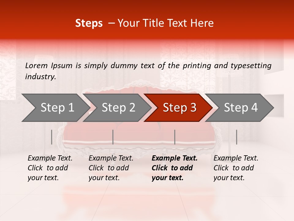 A Living Room With A Red Couch And White Walls PowerPoint Template