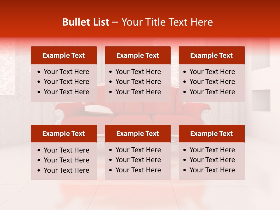 A Living Room With A Red Couch And White Walls PowerPoint Template