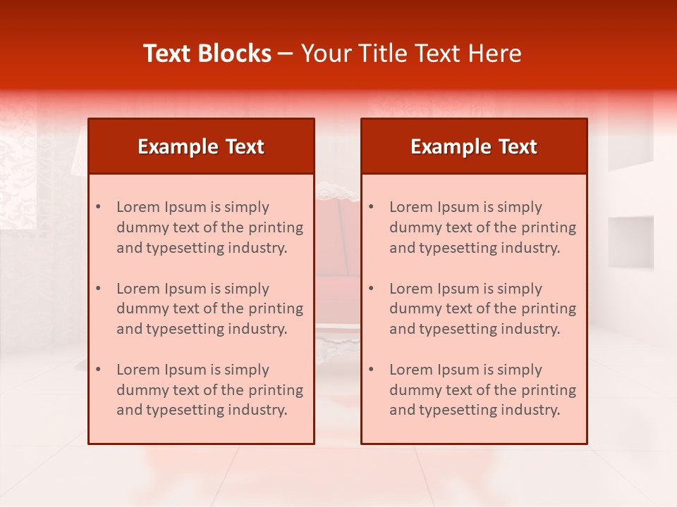 A Living Room With A Red Couch And White Walls PowerPoint Template