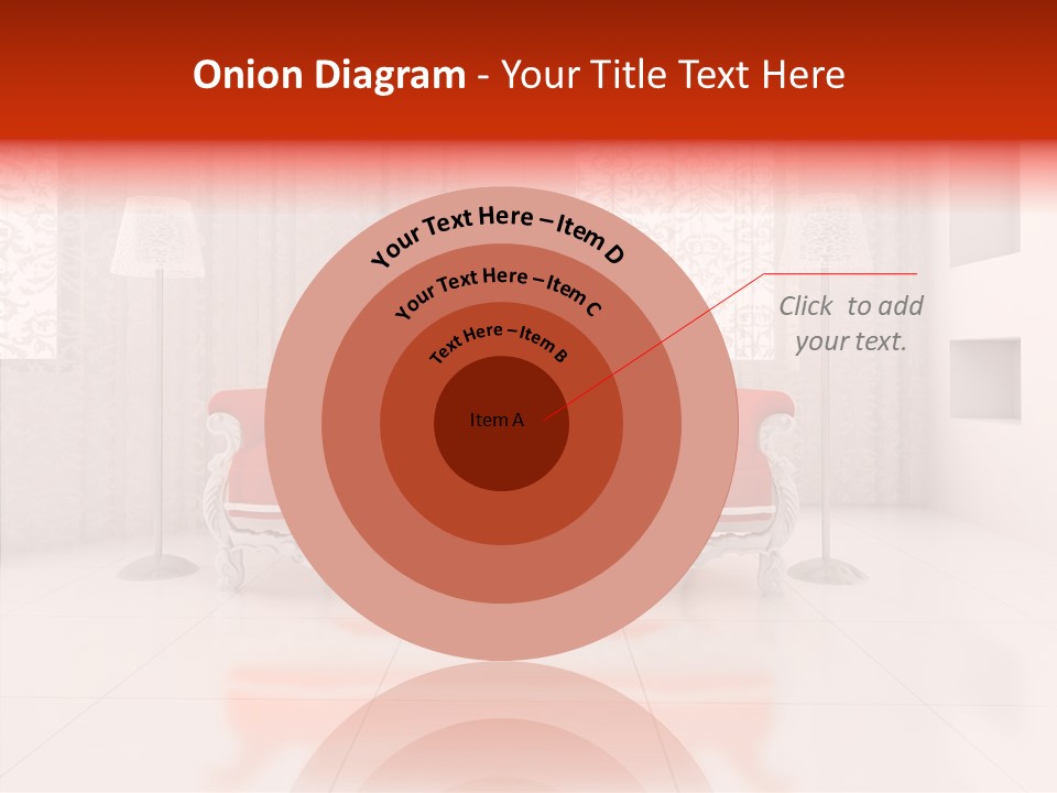 A Living Room With A Red Couch And White Walls PowerPoint Template