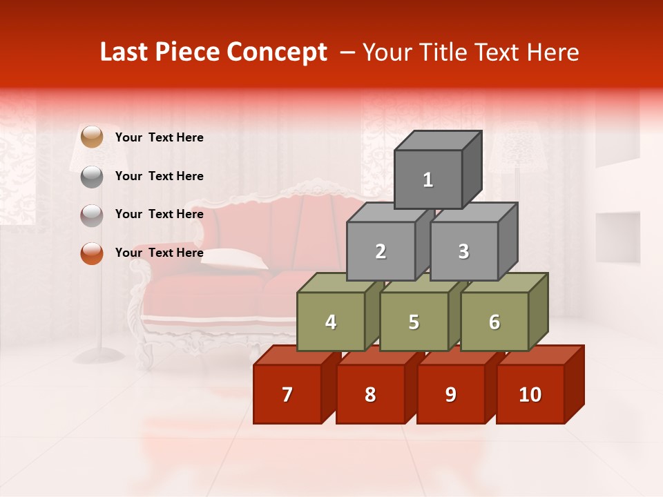 A Living Room With A Red Couch And White Walls PowerPoint Template