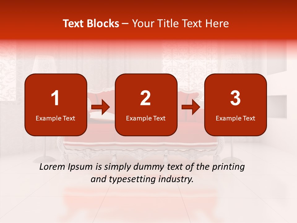 A Living Room With A Red Couch And White Walls PowerPoint Template