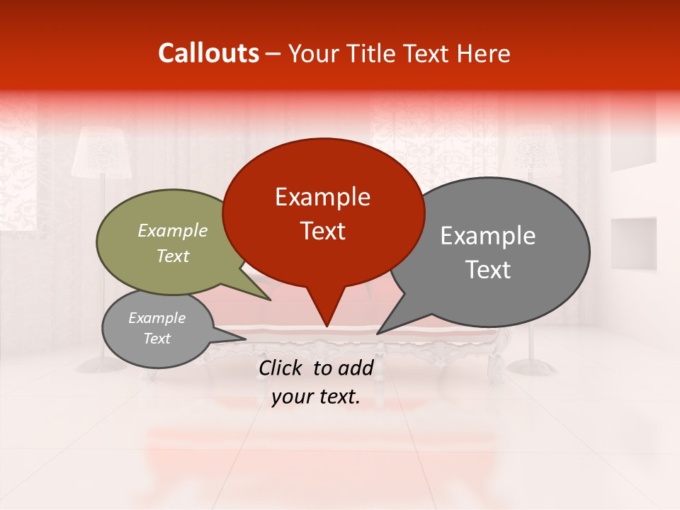 A Living Room With A Red Couch And White Walls PowerPoint Template