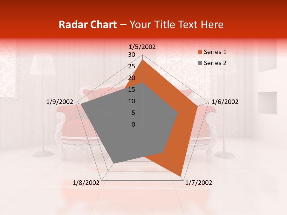 A Living Room With A Red Couch And White Walls PowerPoint Template