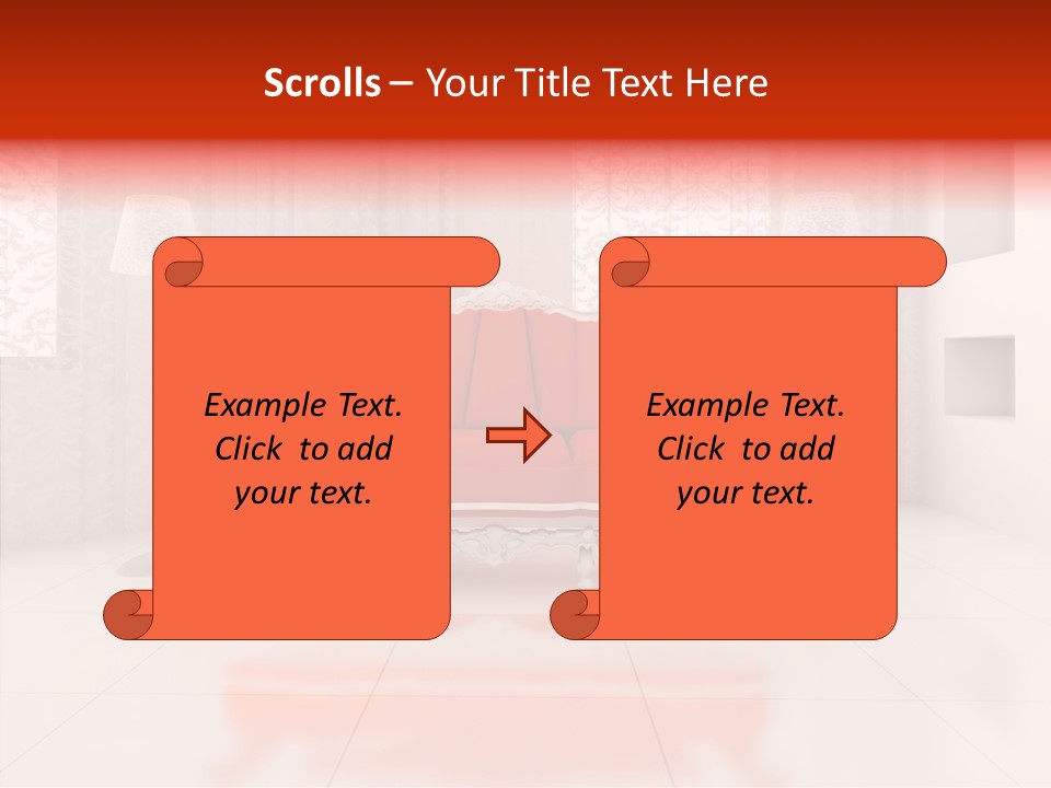 A Living Room With A Red Couch And White Walls PowerPoint Template