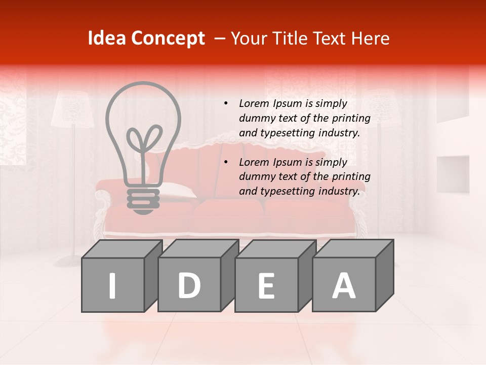 A Living Room With A Red Couch And White Walls PowerPoint Template