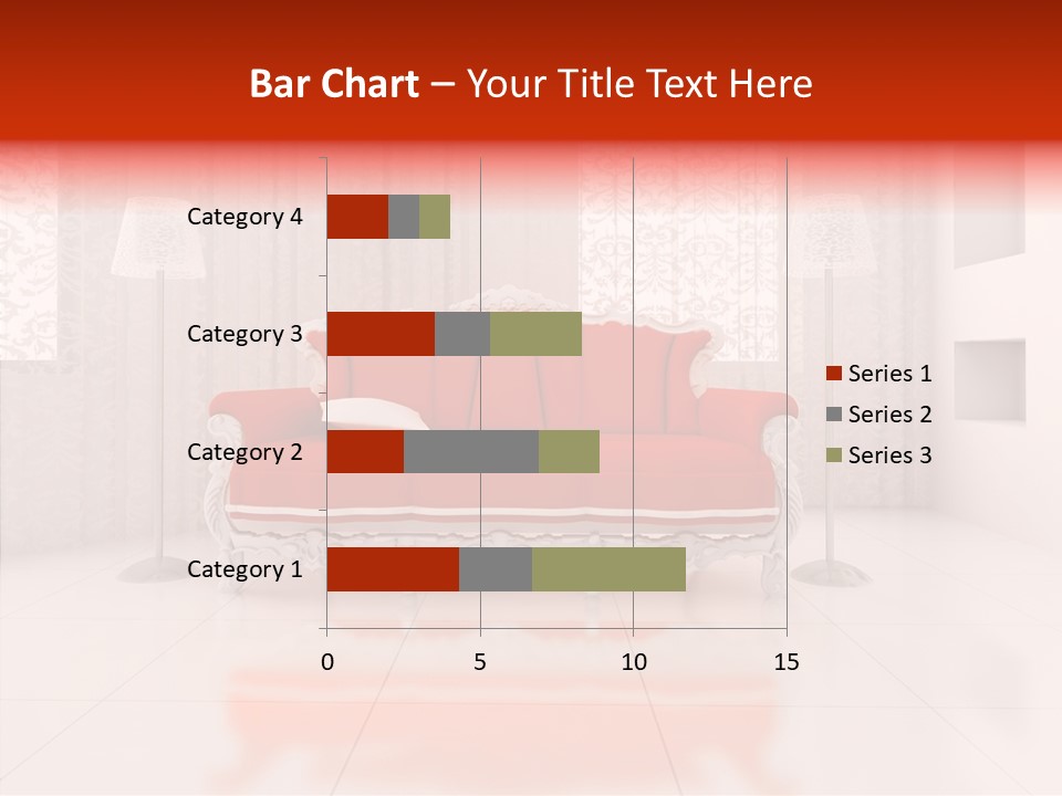 A Living Room With A Red Couch And White Walls PowerPoint Template