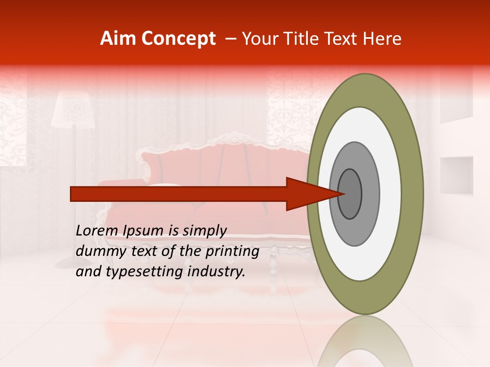 A Living Room With A Red Couch And White Walls PowerPoint Template