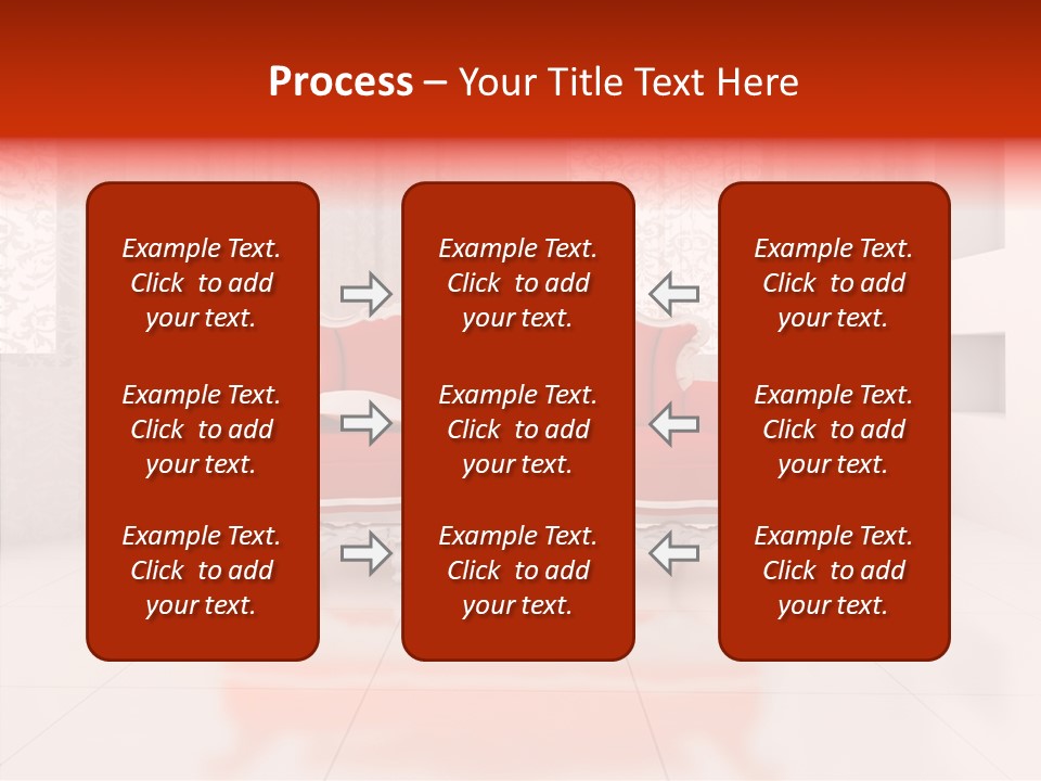 A Living Room With A Red Couch And White Walls PowerPoint Template