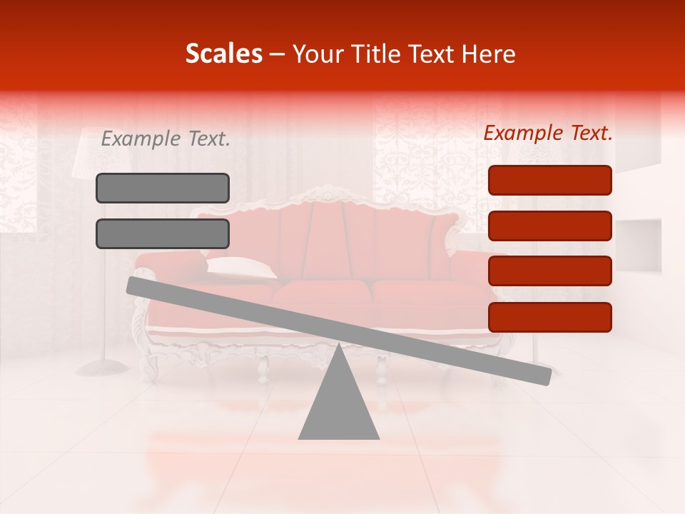 A Living Room With A Red Couch And White Walls PowerPoint Template
