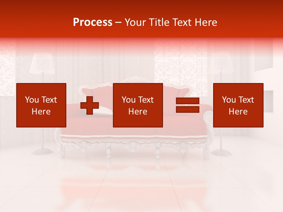 A Living Room With A Red Couch And White Walls PowerPoint Template