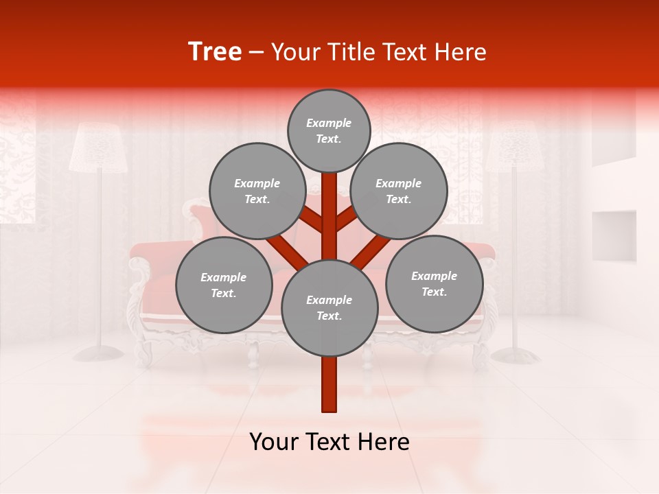 A Living Room With A Red Couch And White Walls PowerPoint Template