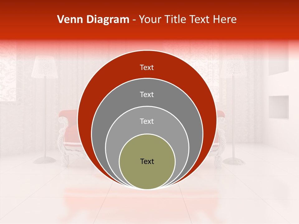 A Living Room With A Red Couch And White Walls PowerPoint Template