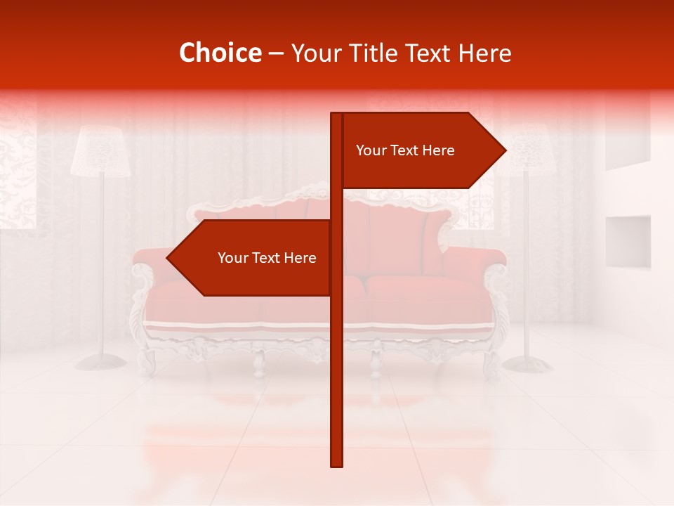 A Living Room With A Red Couch And White Walls PowerPoint Template