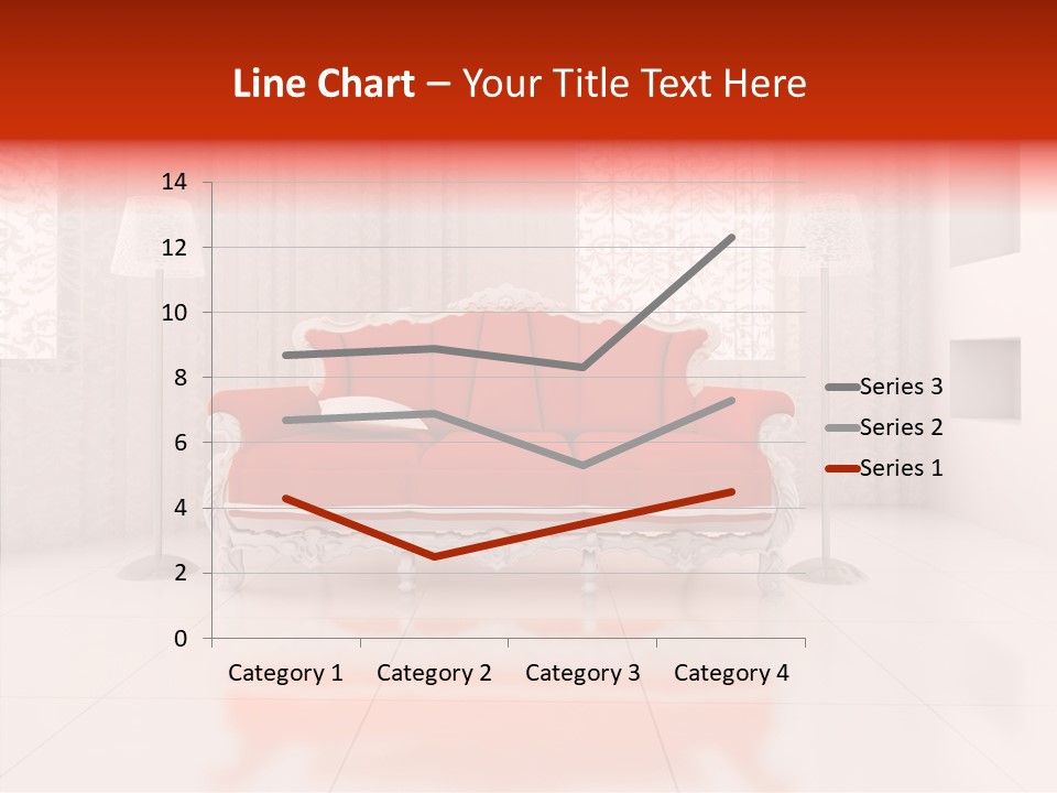 A Living Room With A Red Couch And White Walls PowerPoint Template