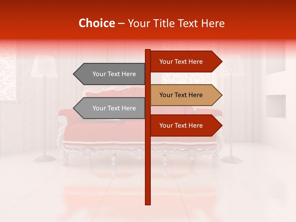 A Living Room With A Red Couch And White Walls PowerPoint Template