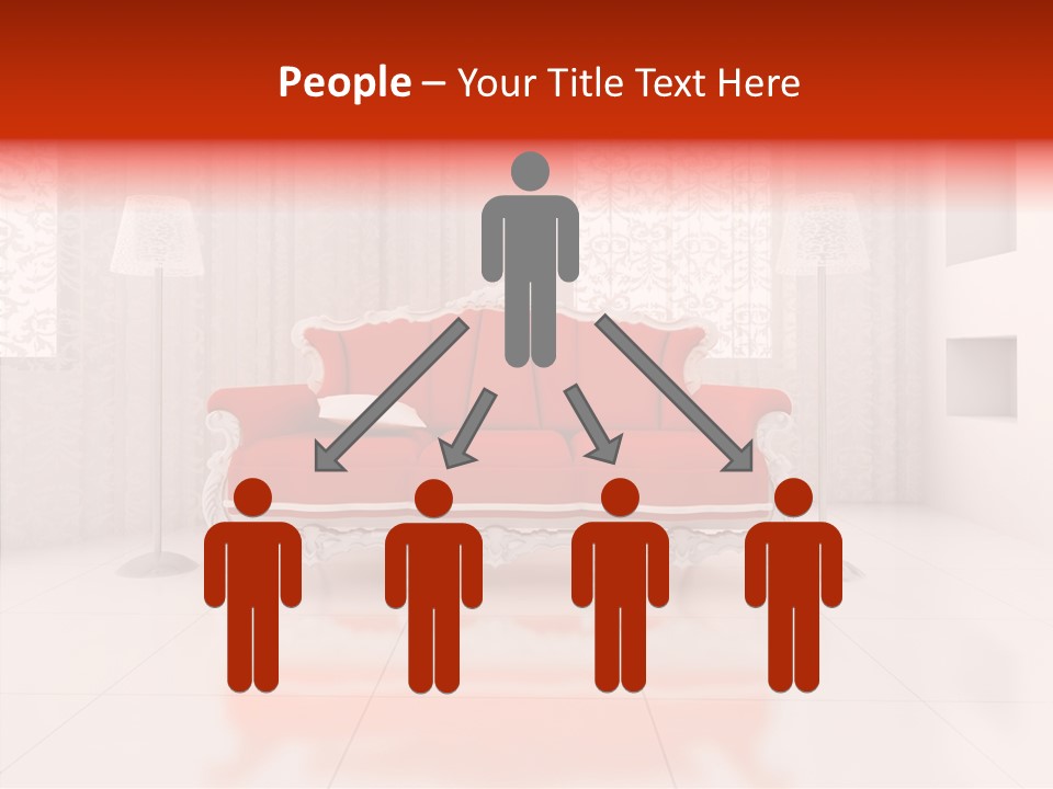 A Living Room With A Red Couch And White Walls PowerPoint Template