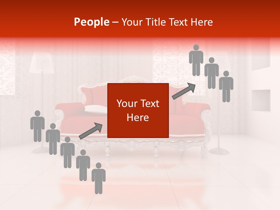 A Living Room With A Red Couch And White Walls PowerPoint Template