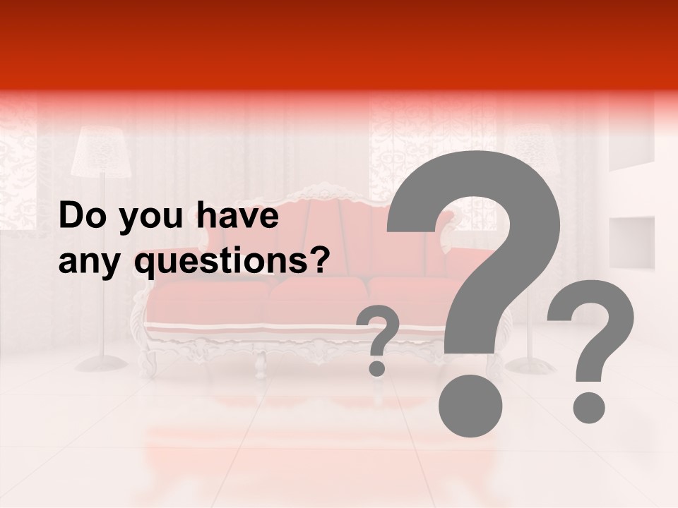 A Living Room With A Red Couch And White Walls PowerPoint Template