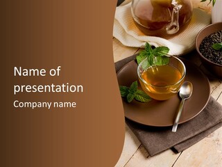 Wooden Table Mint Leaf PowerPoint Template