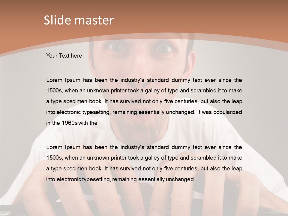 A Man With A Surprised Look On His Face Is Typing On A Keyboard PowerPoint Template