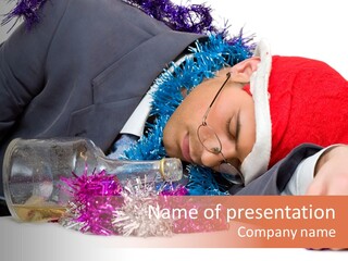 A Man In A Santa Hat Sleeping Next To A Bottle PowerPoint Template