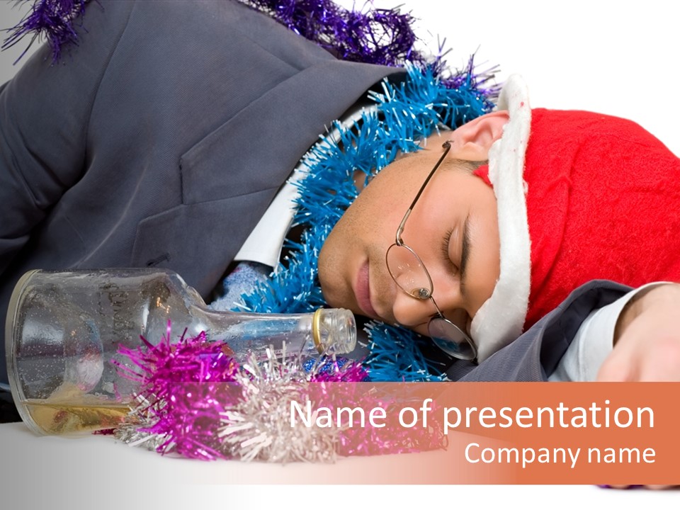 A Man In A Santa Hat Sleeping Next To A Bottle PowerPoint Template