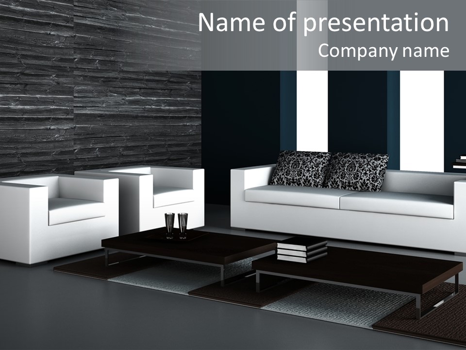 A Black And White Living Room With A Couch And Coffee Table PowerPoint Template