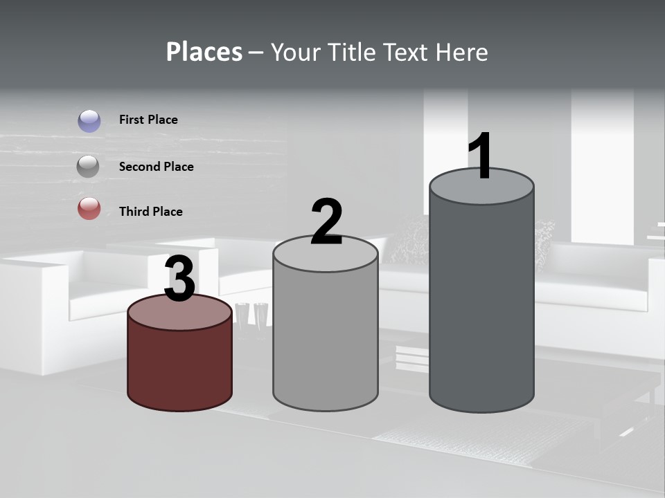 A Black And White Living Room With A Couch And Coffee Table PowerPoint Template