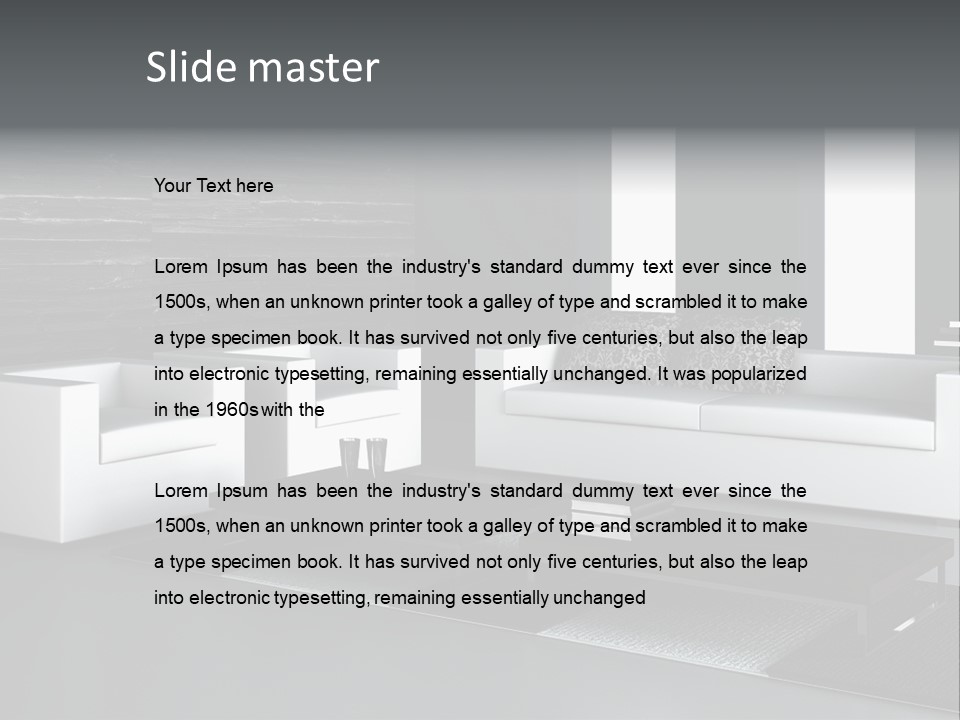 A Black And White Living Room With A Couch And Coffee Table PowerPoint Template