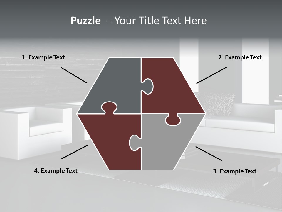 A Black And White Living Room With A Couch And Coffee Table PowerPoint Template