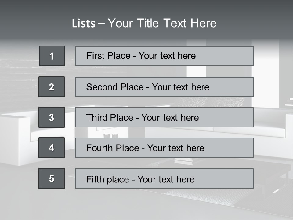 A Black And White Living Room With A Couch And Coffee Table PowerPoint Template