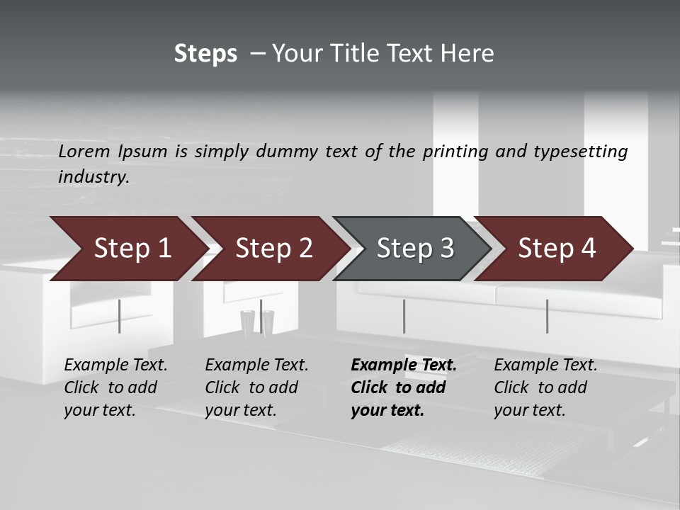 A Black And White Living Room With A Couch And Coffee Table PowerPoint Template