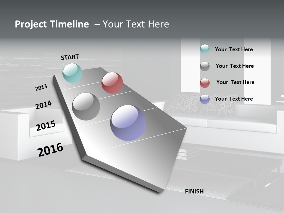 A Black And White Living Room With A Couch And Coffee Table PowerPoint Template