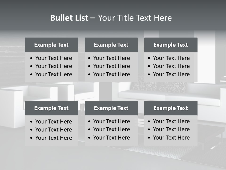 A Black And White Living Room With A Couch And Coffee Table PowerPoint Template