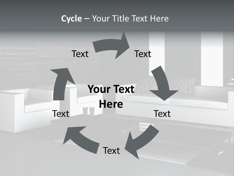 A Black And White Living Room With A Couch And Coffee Table PowerPoint Template