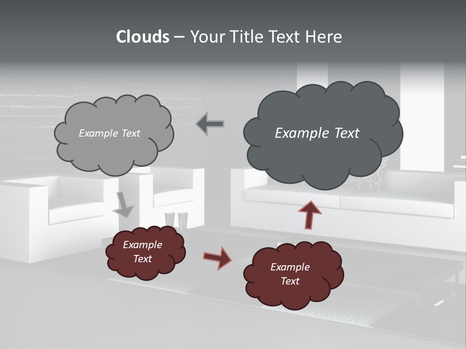 A Black And White Living Room With A Couch And Coffee Table PowerPoint Template