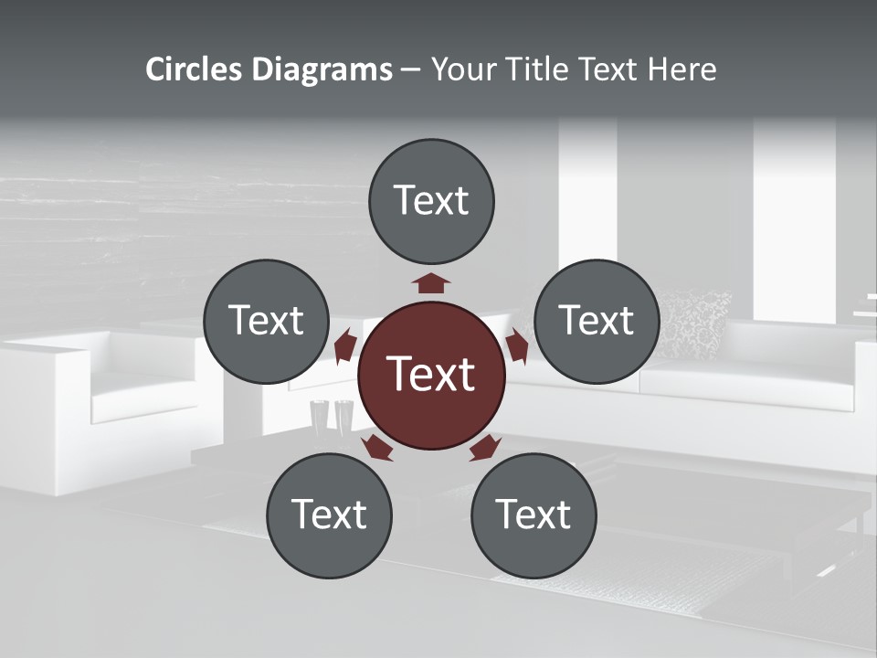 A Black And White Living Room With A Couch And Coffee Table PowerPoint Template