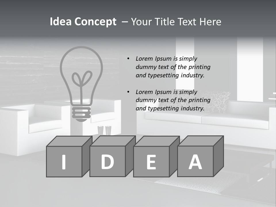 A Black And White Living Room With A Couch And Coffee Table PowerPoint Template