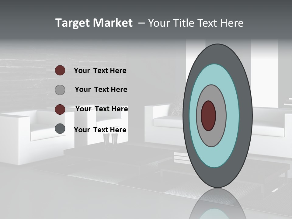 A Black And White Living Room With A Couch And Coffee Table PowerPoint Template