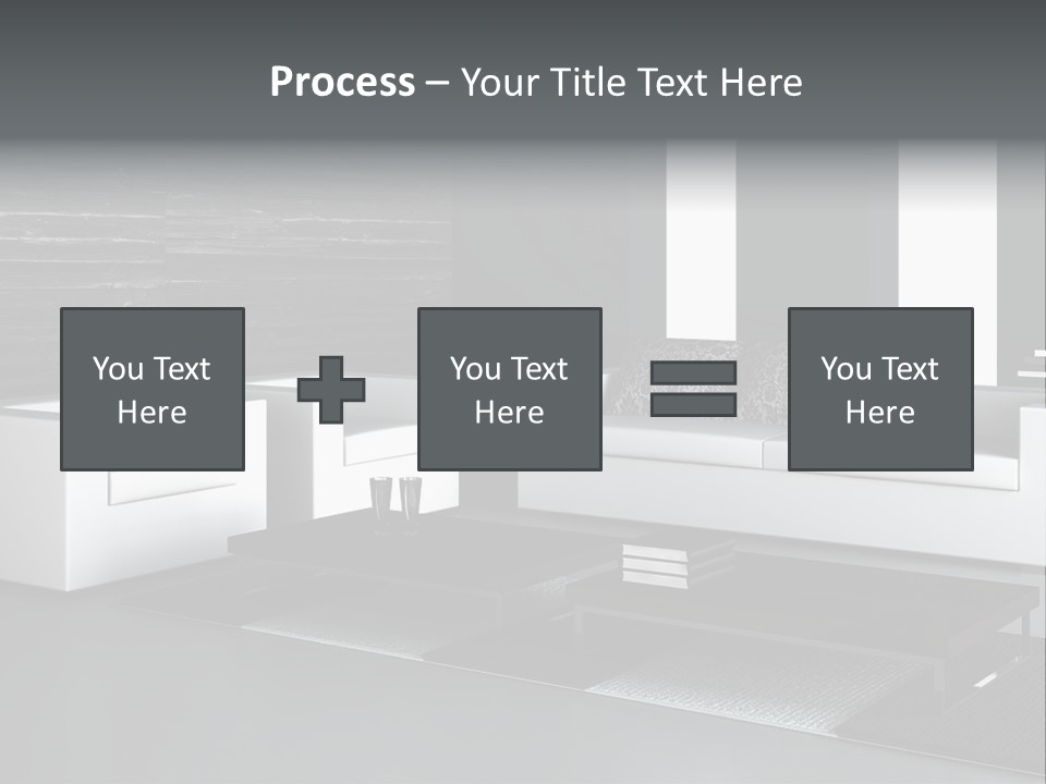 A Black And White Living Room With A Couch And Coffee Table PowerPoint Template