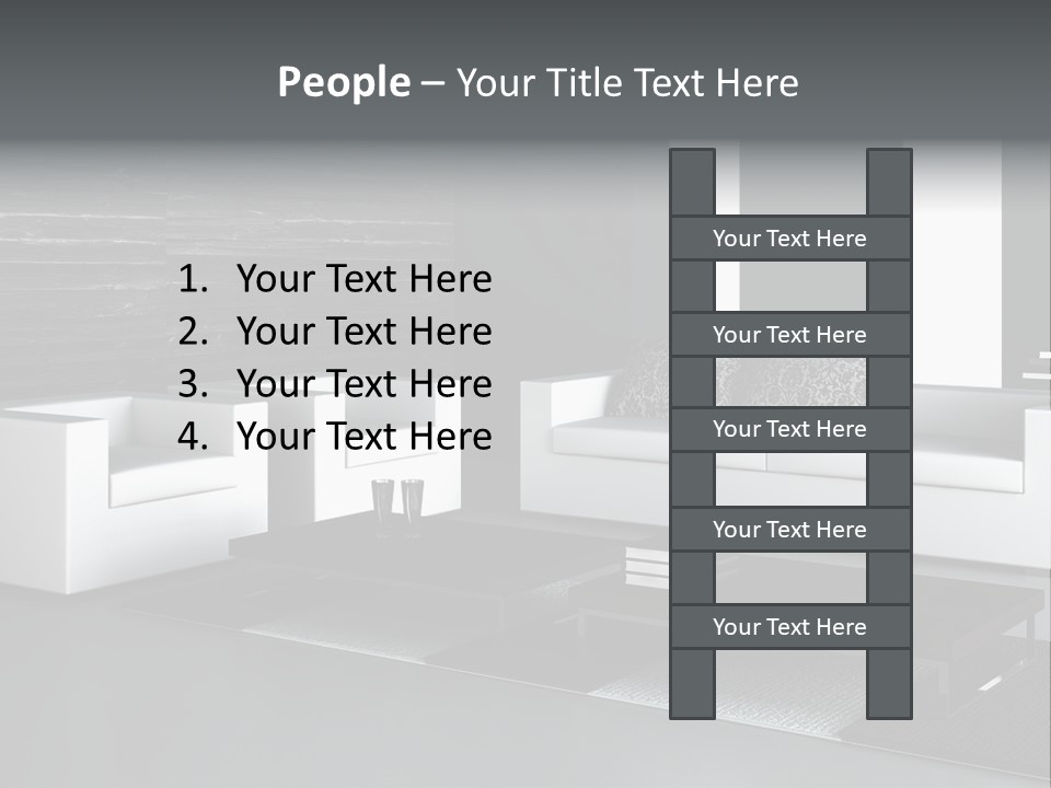 A Black And White Living Room With A Couch And Coffee Table PowerPoint Template