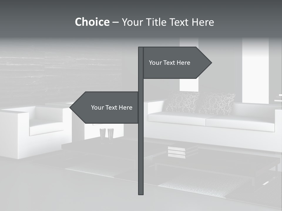 A Black And White Living Room With A Couch And Coffee Table PowerPoint Template