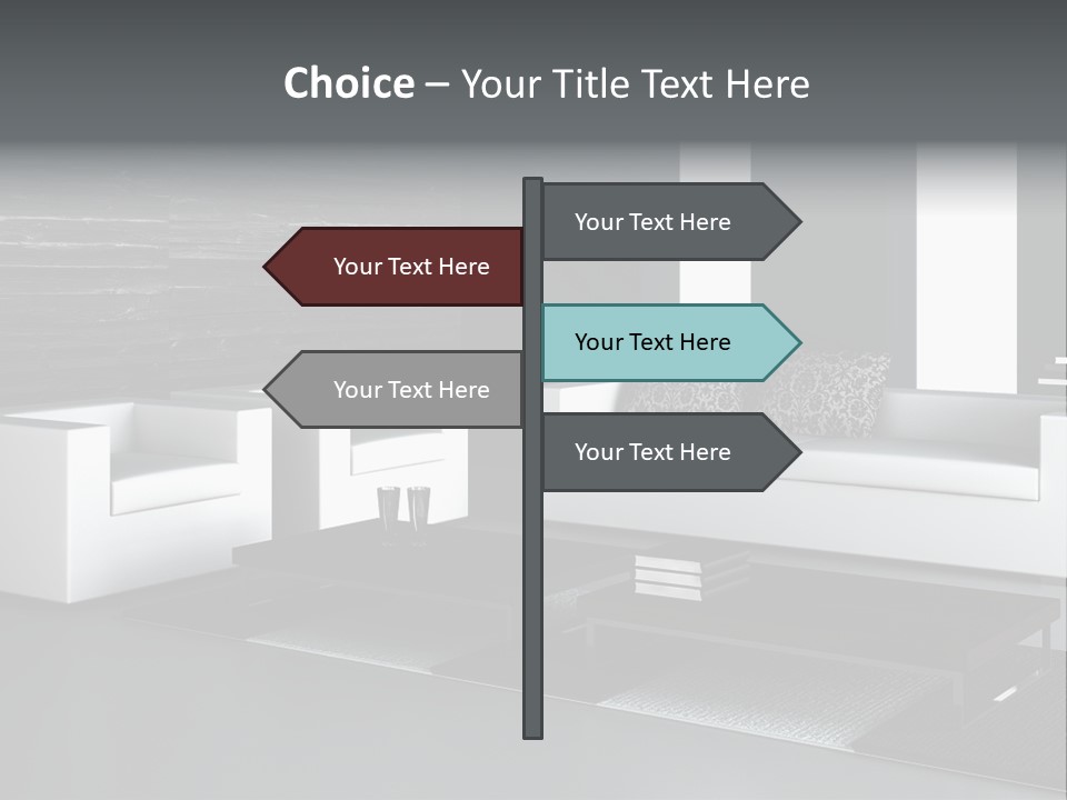 A Black And White Living Room With A Couch And Coffee Table PowerPoint Template